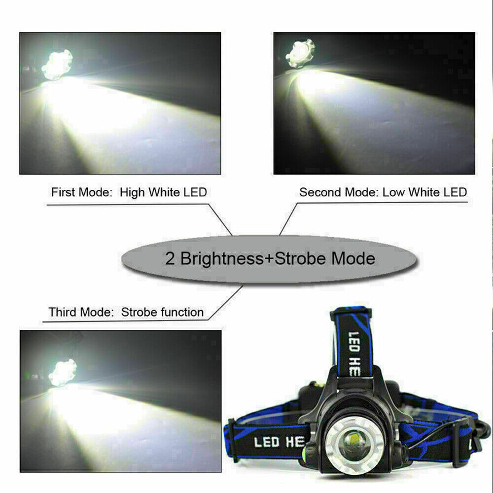 T6 Headlamp Rechargeable 350000LM LED Zoom Headlight Head Torch USB Line New UK