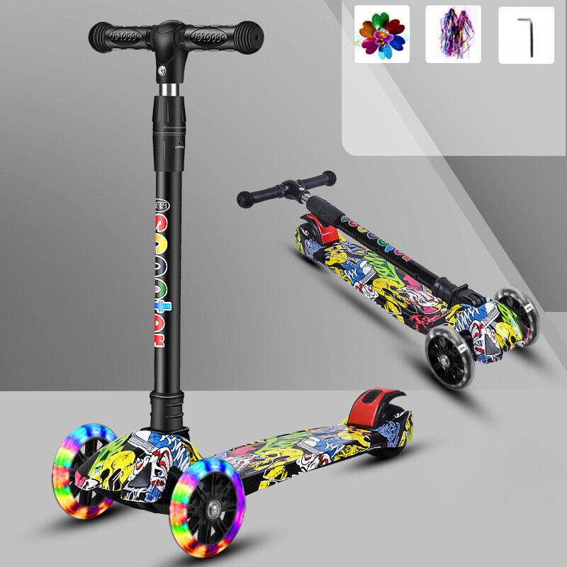 Kids Scooter Child Kick Flashing LED Light Up 3 Wheel Push Adjustable Folding