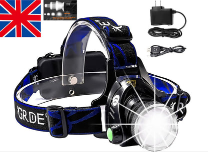 T6 Headlamp Rechargeable 350000LM LED Zoom Headlight Head Torch USB Line New UK