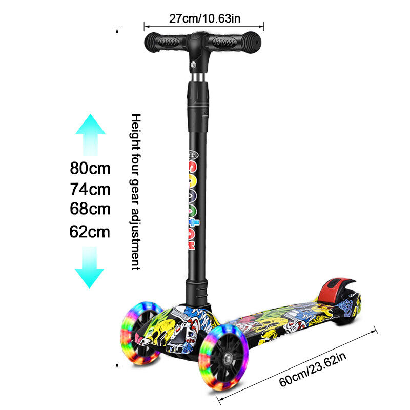 Kids Scooter Child Kick Flashing LED Light Up 3 Wheel Push Adjustable Folding